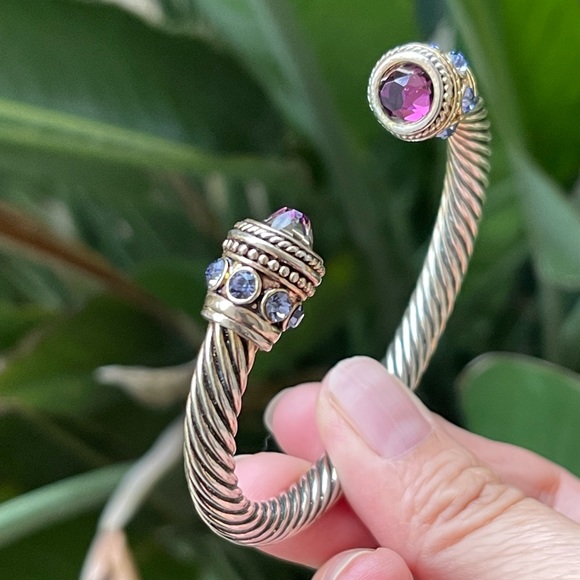 Vintage Jewelry - Purple crystal silver & gold tone metal rope cable cuff bangle bracelet